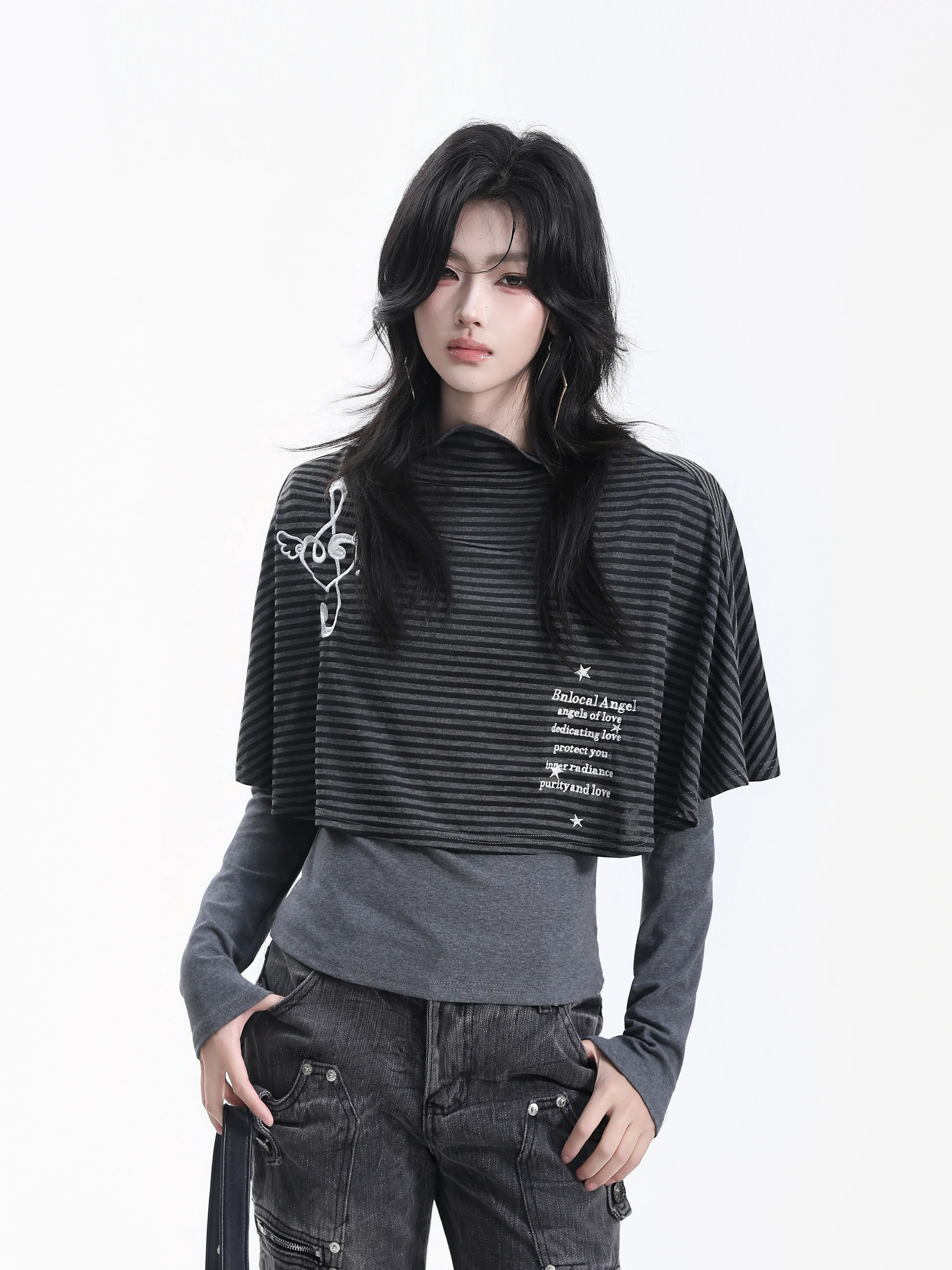 American Style Striped Fake Two-Piece Long Sleeve Women's Note Embroidery Shawl Versatile T-Shirt Slim Fit Polyester Blend