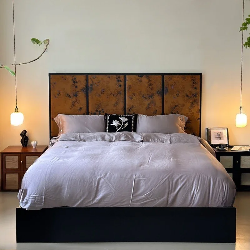 Picture screen bed, granular design solid wood bed, fragrant cloud yarn retro new Chinese double bed