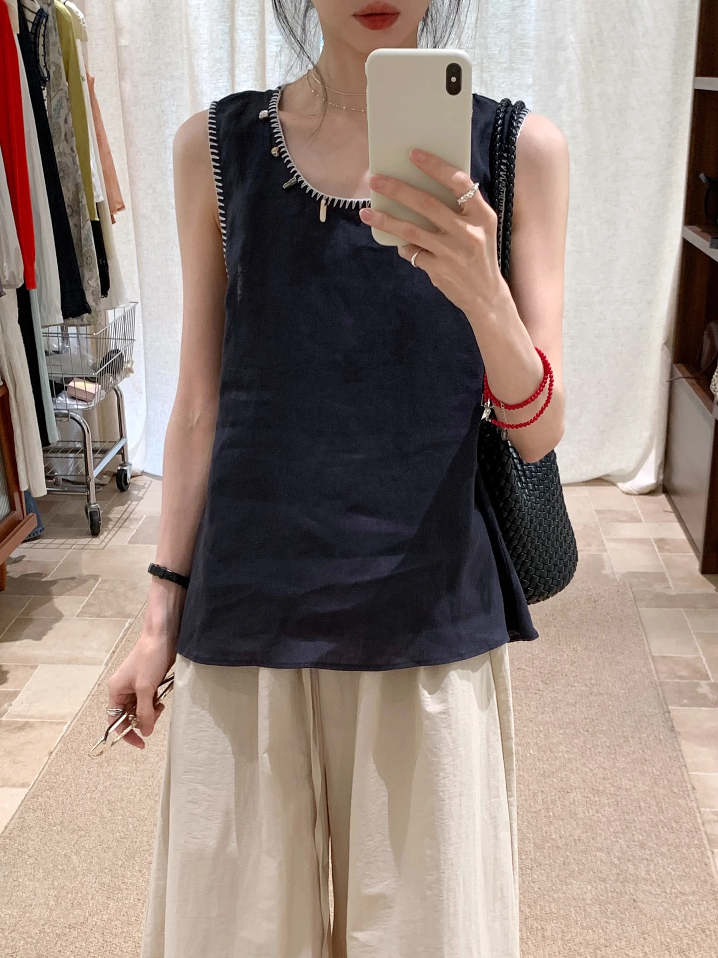 

BRIVIN Корейский элегантный синий топ с бисером, летняя новинка 2025 года, облегающий, с круглым вырезом, из смесового хлопка