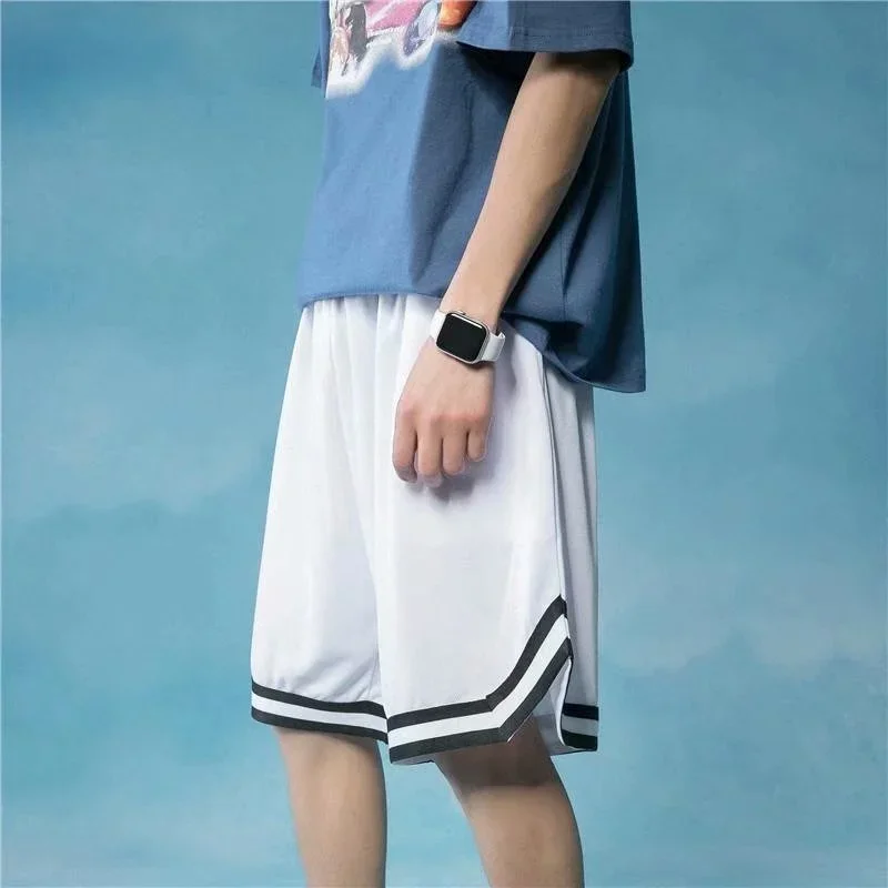 Men\'s Straight Black Shorts Summer Thin Stripe Outerwear Trend Loose Casual Basketball Sports Five-point White Short Pants