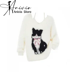 Women White Mohair Pullover Sweater Harajuku Korean Y2k Kawaii Cat Long Sleeves Jumper Knit Sweaters Vintage 2000s Clothes 2024