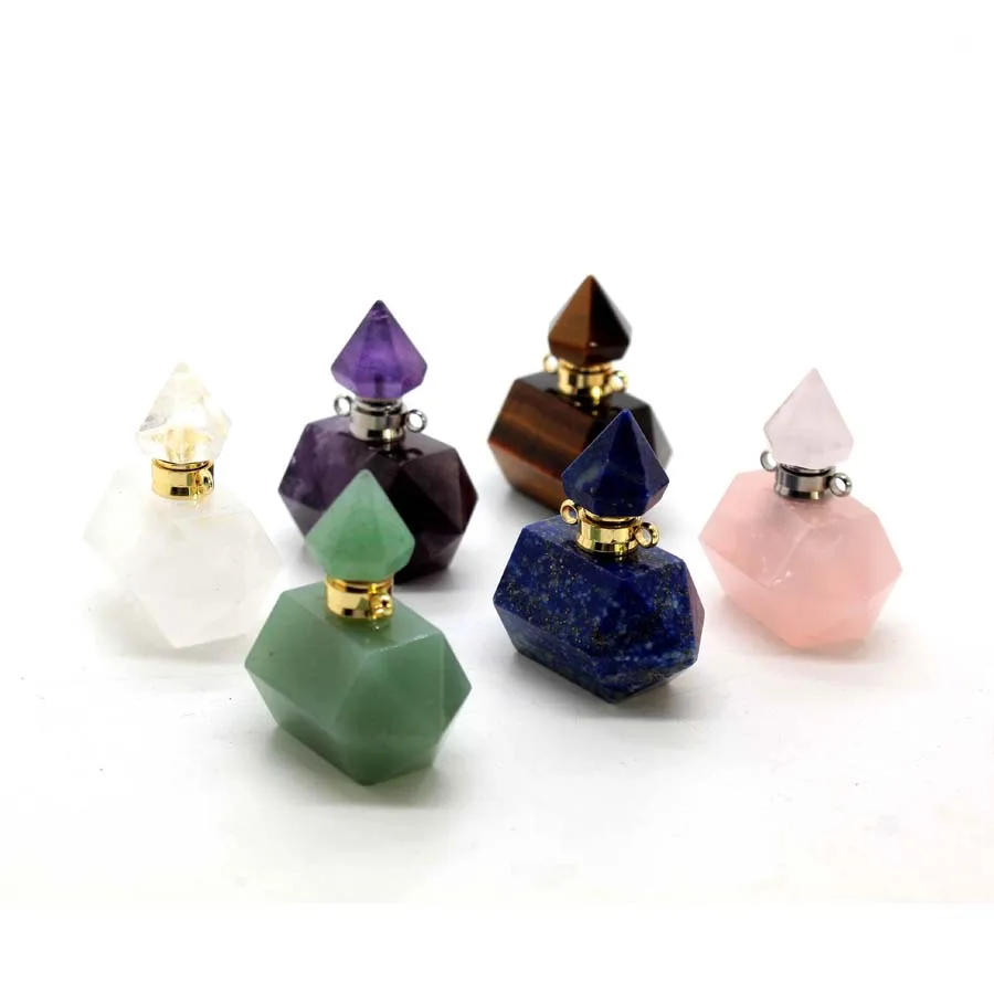 Crystal Hexagon Stone Perfume Bottle Pendant Neckalce For Women Natural Amethsyt Quartz Gemstone Essential Oil Diffuser Jewelry