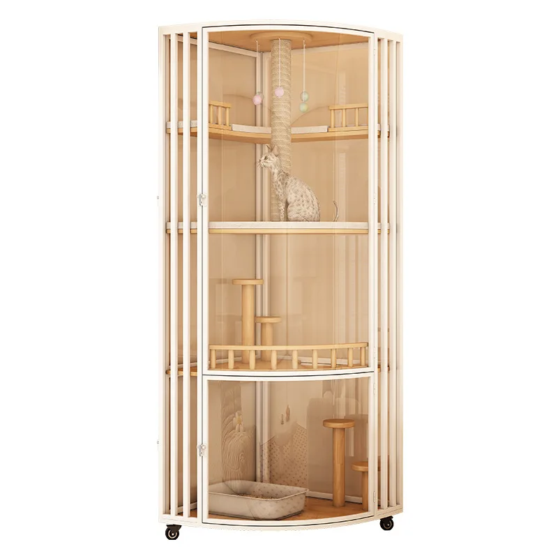 

Corner full door cat villa, triangular fan cat cage, solid wood glass cat house