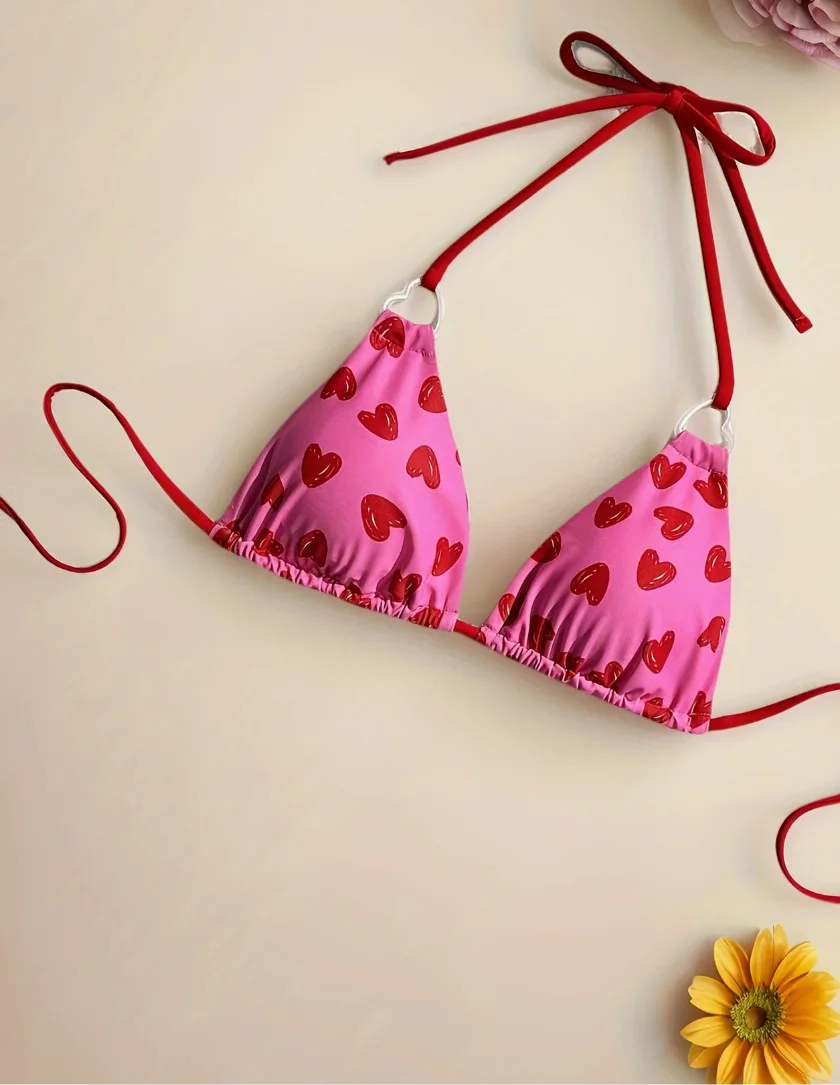 Seksowne różowe mikro bikini z wzorem serca, dwuczęściowe stroje kąpielowe wiązane na szyi, odzież plażowa, kostium kąpielowy, biquini, tankini