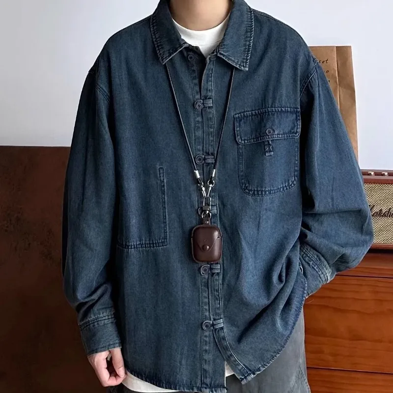 

Джинсовая рубашка с длинными рукавами в стиле ретро, мужская универсальная рубашка с лацканами для стирки и старых лацканов