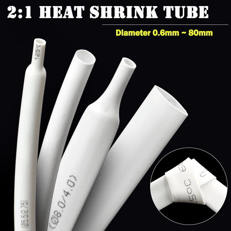 1-25M 2:1 Heat Shrink Tube White Dia 0.6mm ~ 80mm Polyolefin PE DIY Cable Repair Shrinkable Tubing Case Sleeve Wire Sheath Wrap