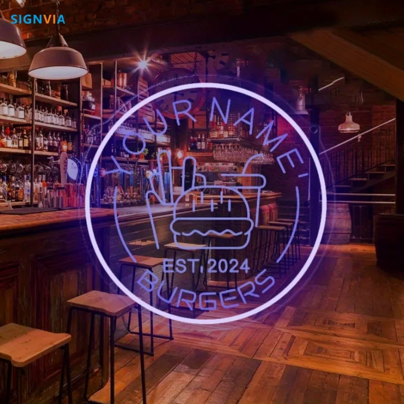 Konfigurowalny neon z Twoim imieniem Hamburger z motywem kaktusa Burger Dekoracja ścienna LED zasilana przez USB Łatwe zawieszenie do restauracji biznesowej