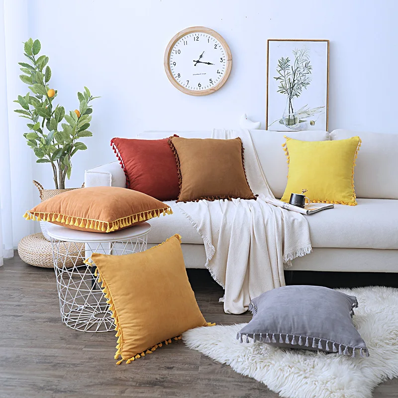 

Cushion Cover with Suede Lace Tassel Pillow Cover, Solid Color Waist Cushion Cover, Sofa Pillowcase