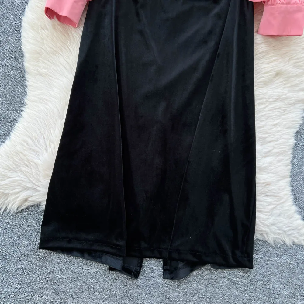 Chic vintage à manches longues faux deux pièces velours élégant fée mode coréenne automne femmes vêtements robe longue