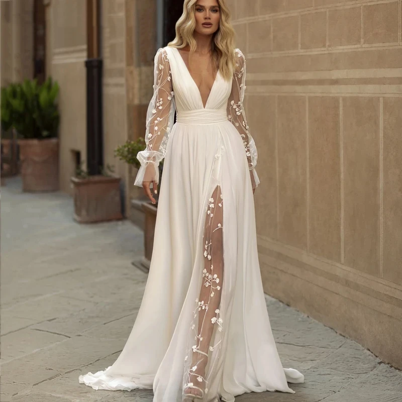 Robe de Mariée Plissée en Dentelle Blanche Ivoire pour Femme, Col en V Sexy, Fendue sur le Côté, Manches Moelleuses, pour Patients, Personnalisée