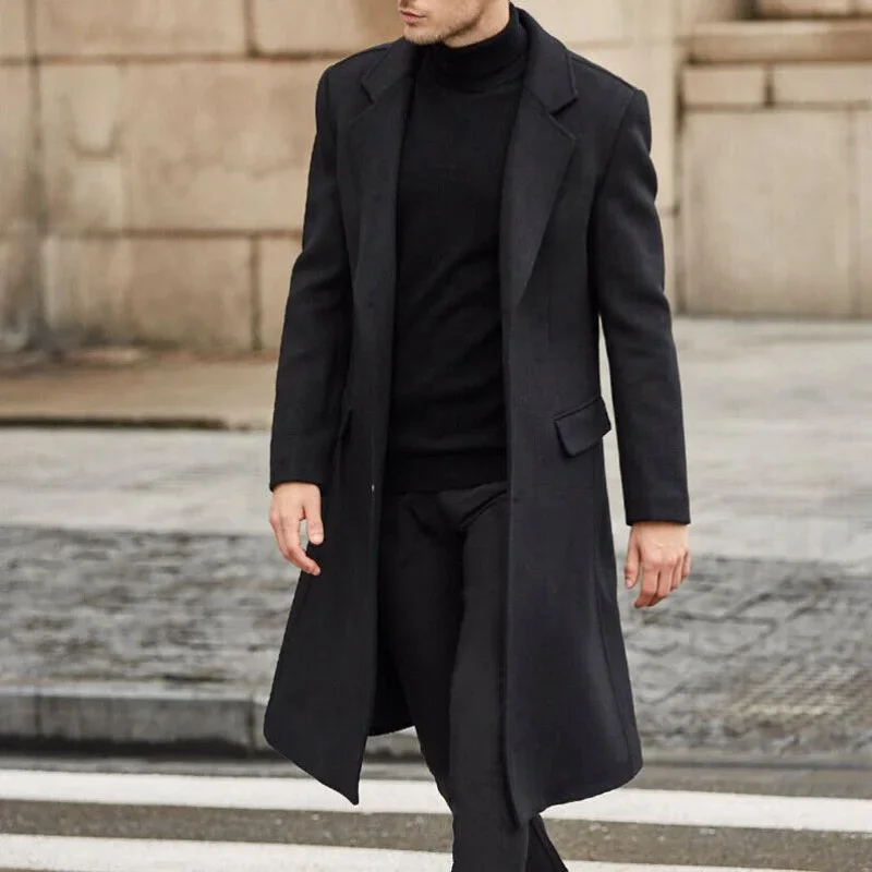 

Winter Men's Coat Solid Color Long Sleeve Button Jacket Men's Street Style Mid-Length Trench New Men's Woolen Coat Top
