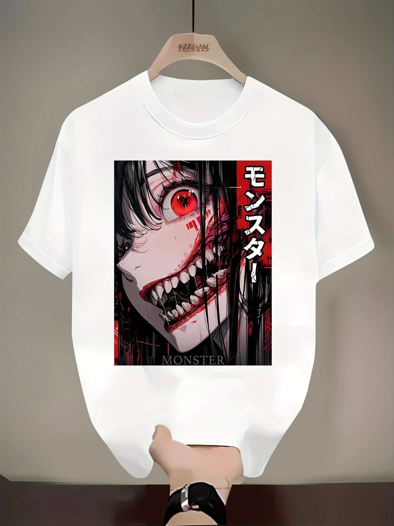 Men's and Women's Horror Anime Monster Print T-shirt Red Eye Pattern Short Sleeved T-shirt Casual Street Wear Summer Top