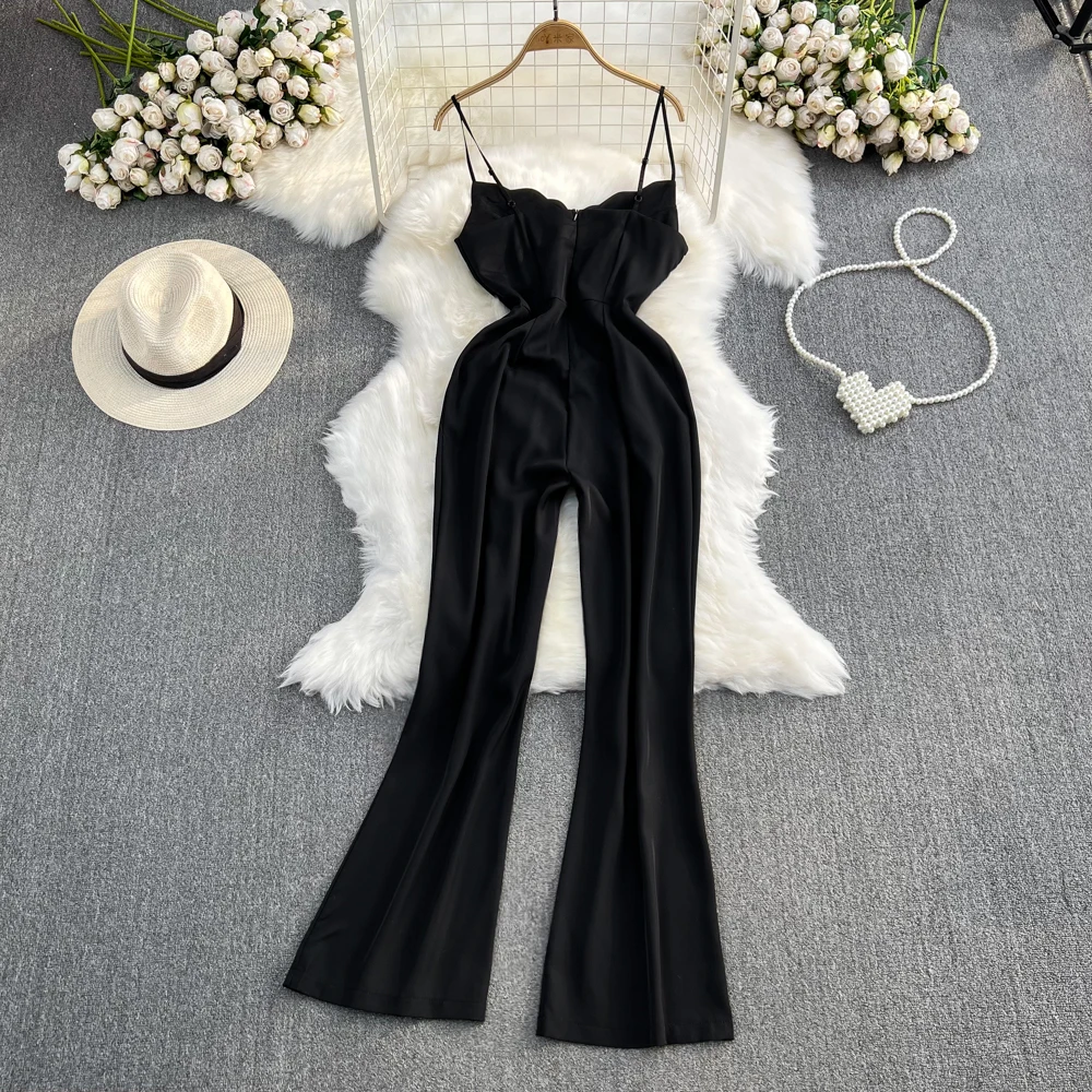 Women\'s Black Spaghetti Strap Jumpsuits V Neck Sleeveless Casual High Waist Wide leg Flare Pant Solid Sexy Jumpsiut Female