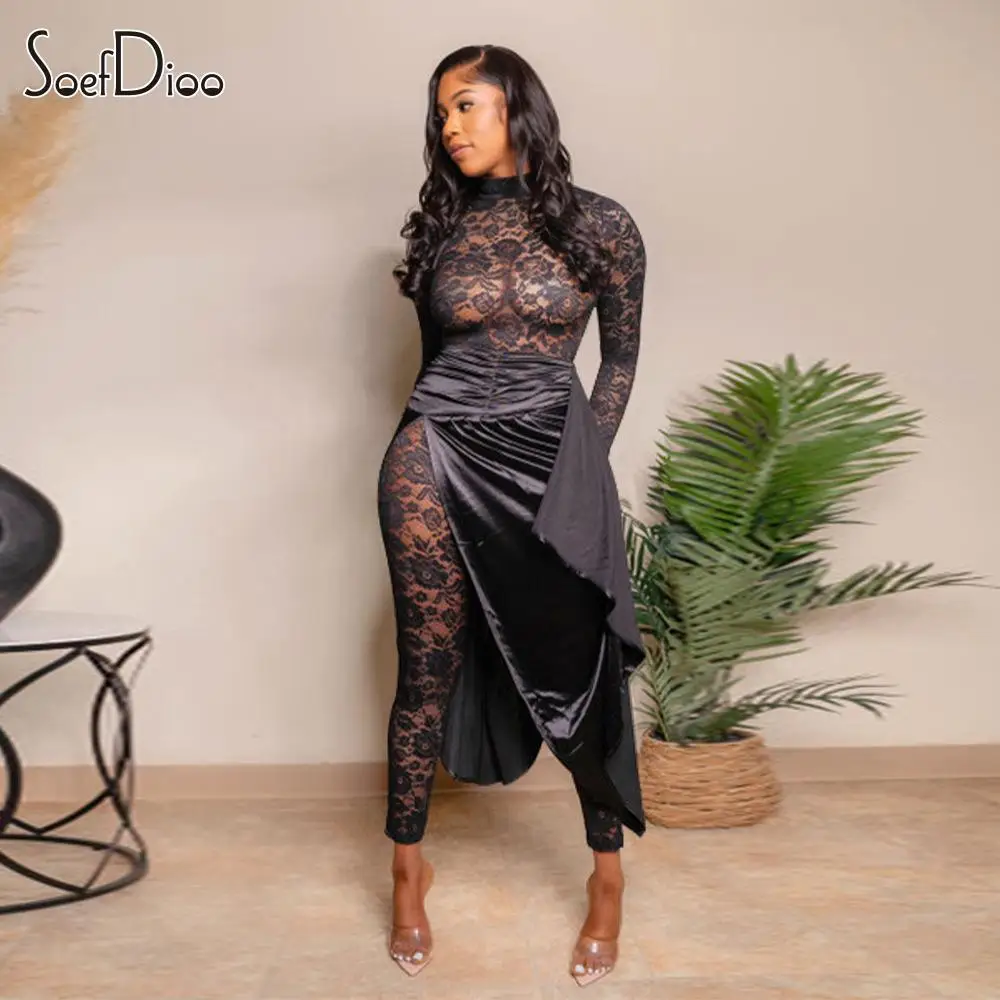 Soefdioo 2 Piece Sets Women Luxury Elegant Lace See Through Slim Jumpsuit and Asymmetry Maxi Skirts Match 2024 Nightclub Outfits