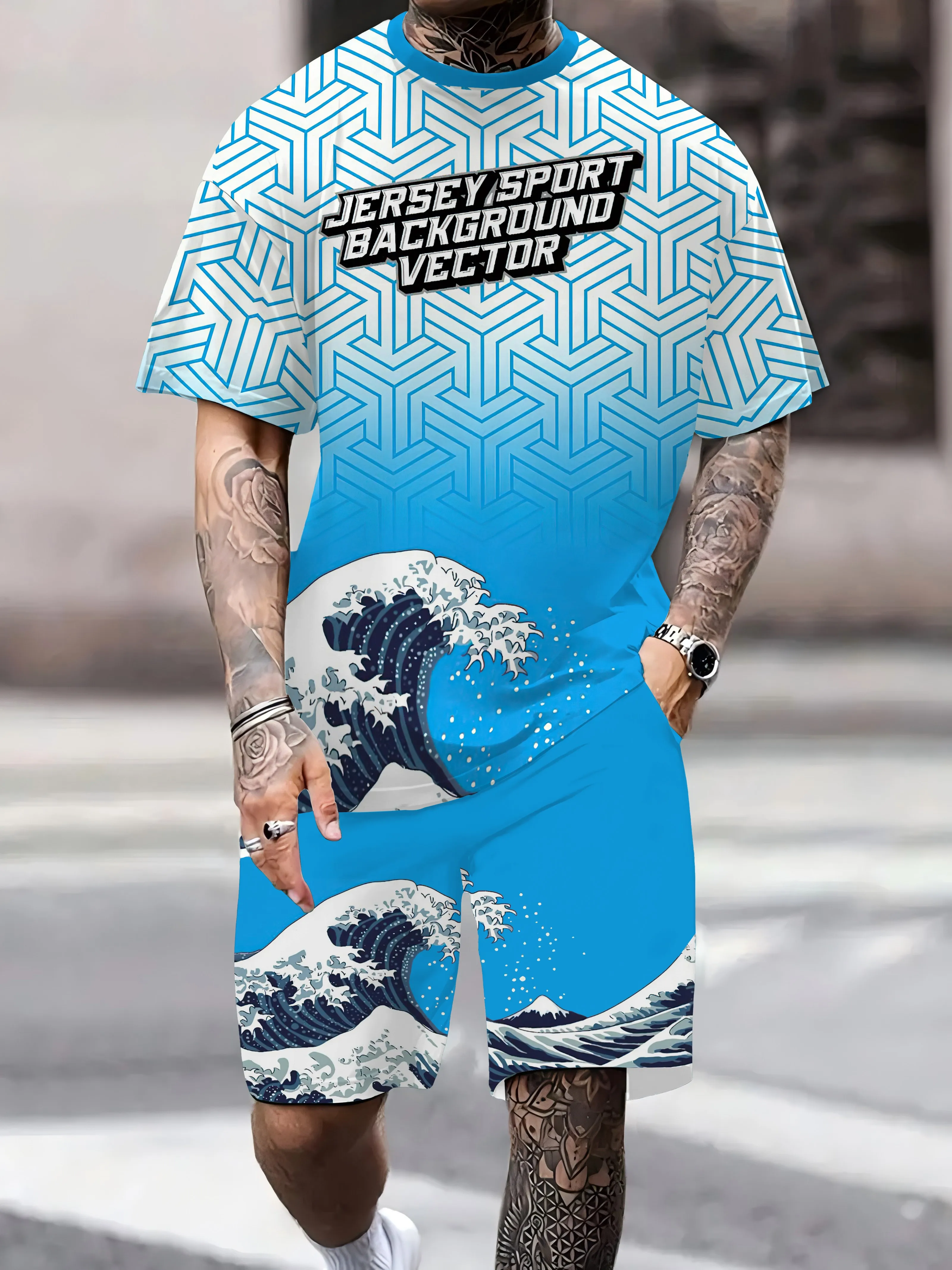 

Men's Letter Print Short Sleeve T-Shirt & Shorts Set Round Neck Gradient Short Sleeved Women's T-shirt Shorts Set