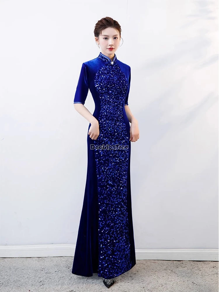 

2024 new chinese improved women cheongsam long velvet dress elegant chinese half sleeve stand collar slim party qipao dress w208