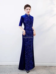 2025 new chinese improved women cheongsam long velvet dress elegant chinese half sleeve stand collar slim party qipao dress w208