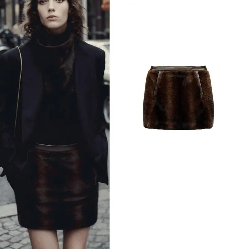 

Fall Winter New Women's High Waist ort Faux Fur Effect Bodycon Skirt Polyester Fiber Commute Sle Pure Color Skirt