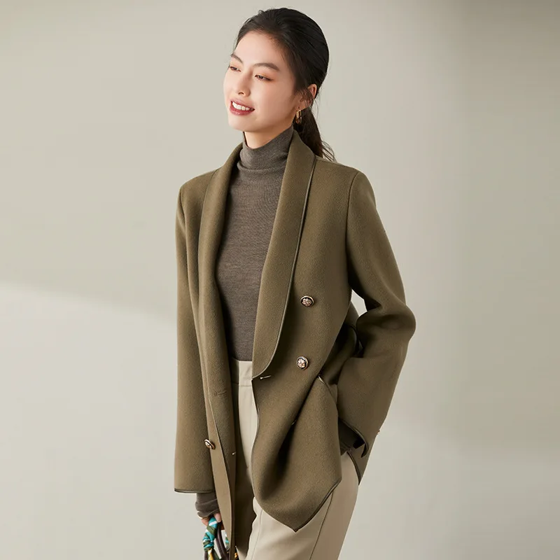 Suit Wool Coat Women Autumn Medium Long Black 100% Wool Coat 2022 New Winter Shawl Collar Fashion Casual Loose Coat  Hand-Sewn