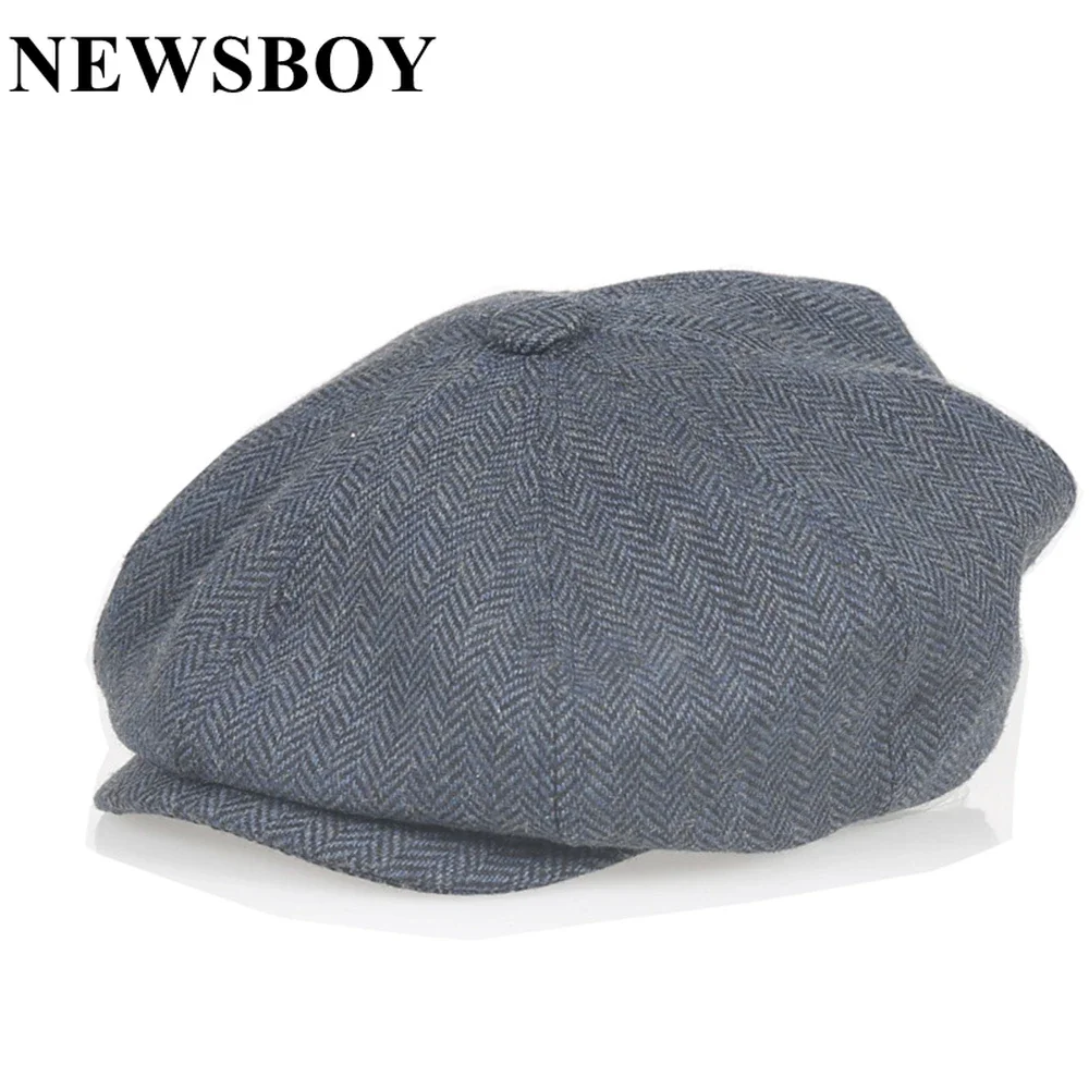 

NEWSBOY Cap Wool British Style Men Herringbone Flat Caps Vintage Autumn Winter Hat Casual Octagonal Man Beret 56-58cm Black Navy