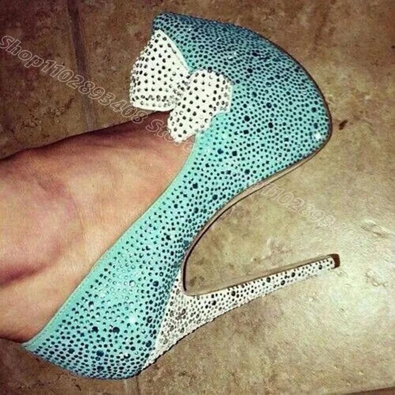 Blue Rhinestone Bowknot Decor Pumps Platform Stiletto Heels Sweet Style Spring Party Casual Women Shoes 2024 Zapatos Para Mujere