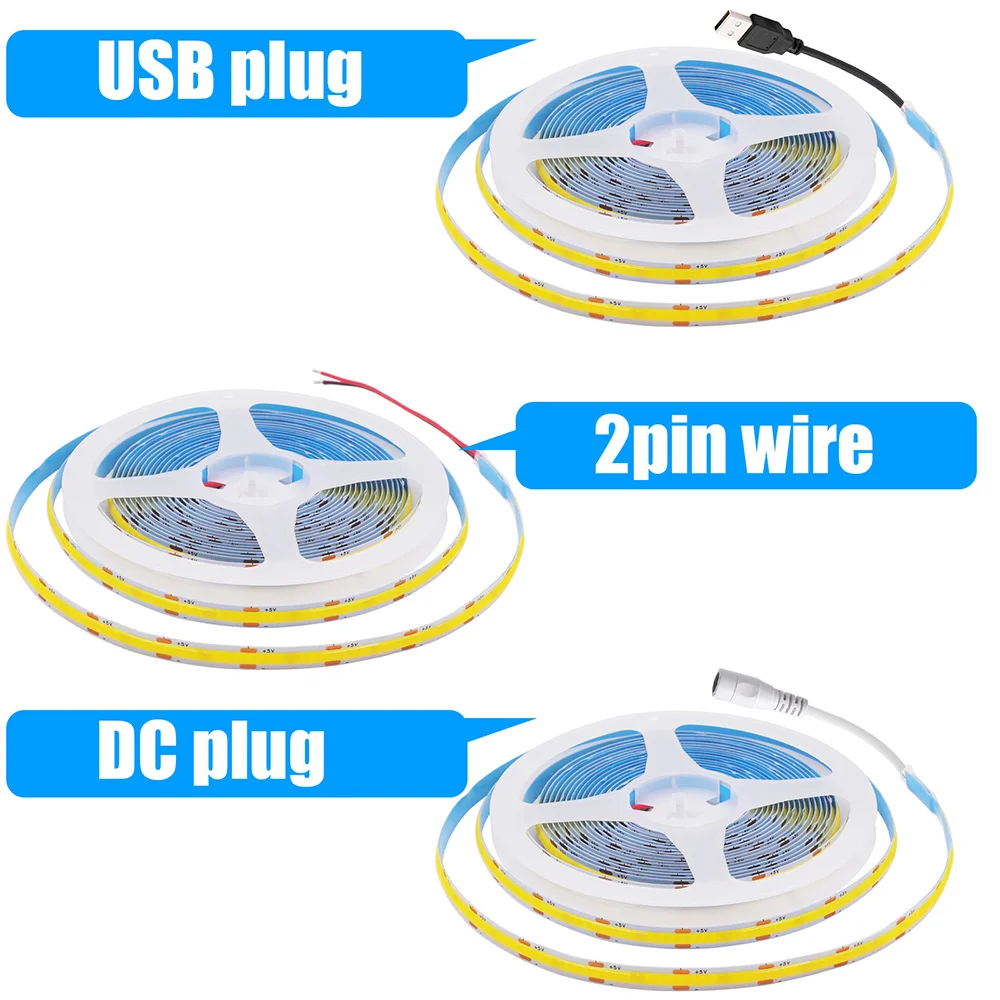 DC 5V LED COB Strip Light USB 2pin DC Plug Connector 3000K 4000K 6000K 320 LEDs Flexible Tape Decor High Density Linear Lighting