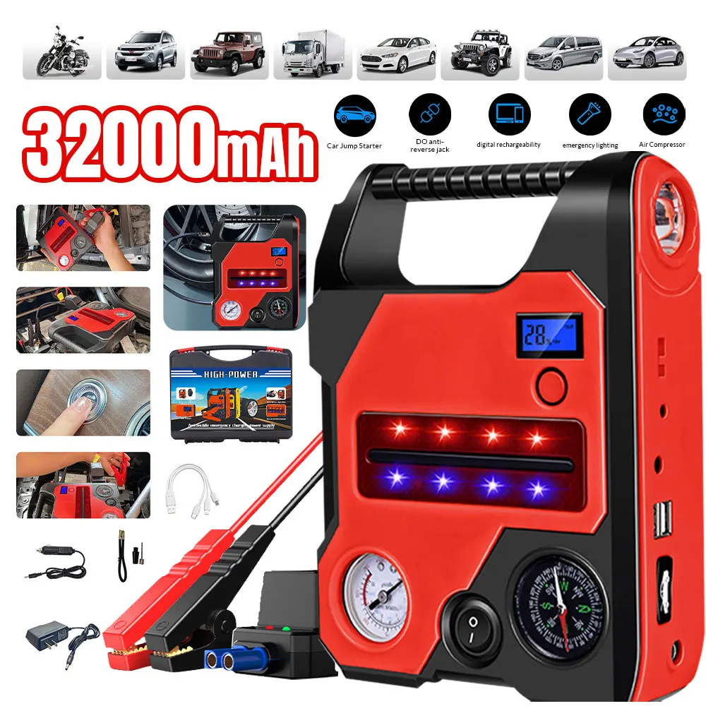 

4 In1 Car Jump Starter with Air Compressor Portable Flashlight Starting Device Power Bank Battery Automotive Booster start