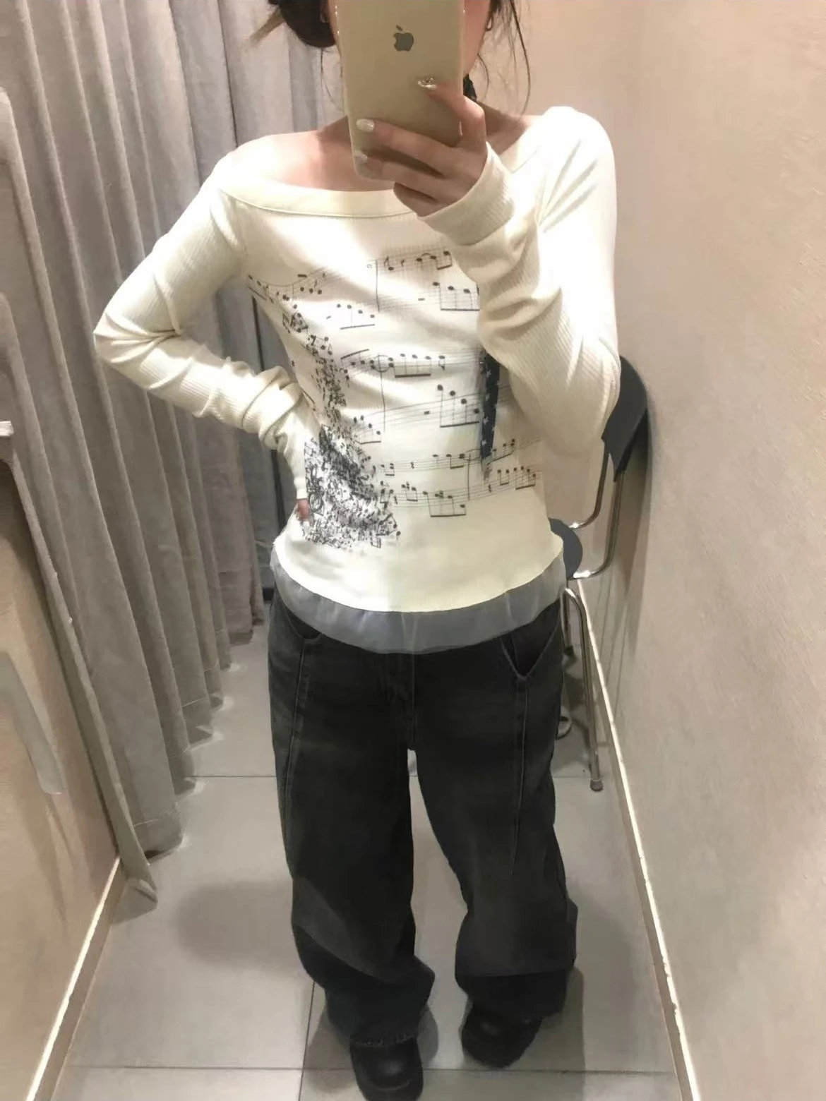 Off Shoulder Sheet Music Print Long Sleeve Shirt Mesh Ruffle HemMusical Note Graphic Slim Fit Elastic Long Sleeve Top Streetwear