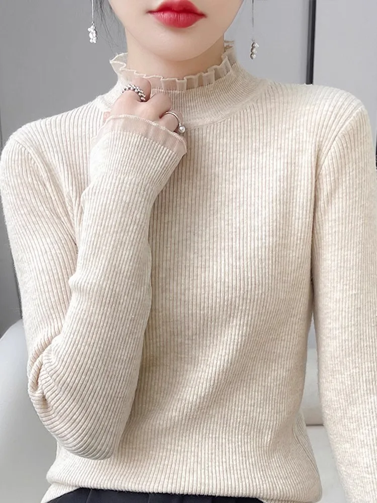 

Solid Color Casual Women Bottoming Sweater 2024 Spring Casual Basic Mock Lace Neck Long Sleeve Pullovers Knitted Tops R177