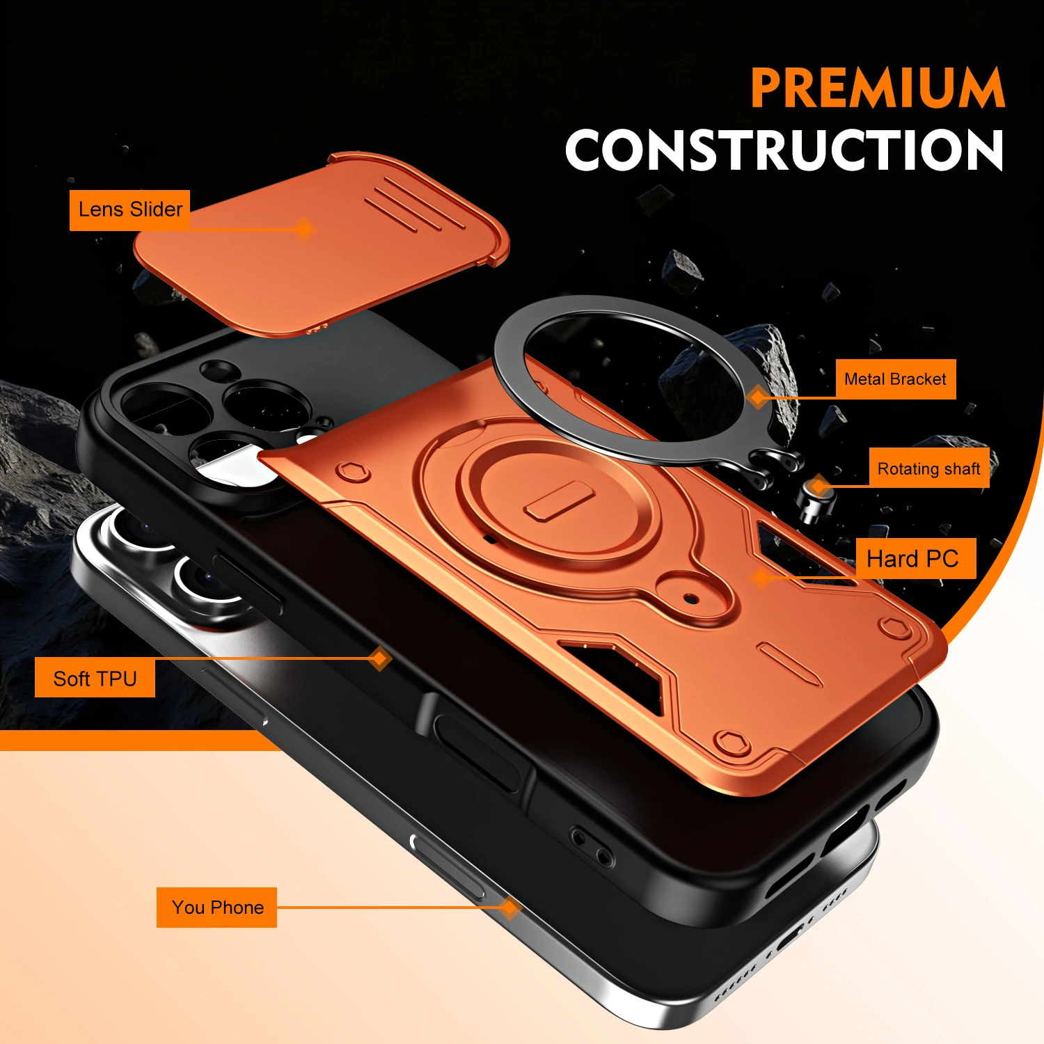 Stoßfeste Hybrid-Doppelschicht-Hülle mit magnetischem Metallringständer für iPhone 17 16 Pro Max, drehbare Schiebe-Kameralinsen-Schutzhülle – Detail 8