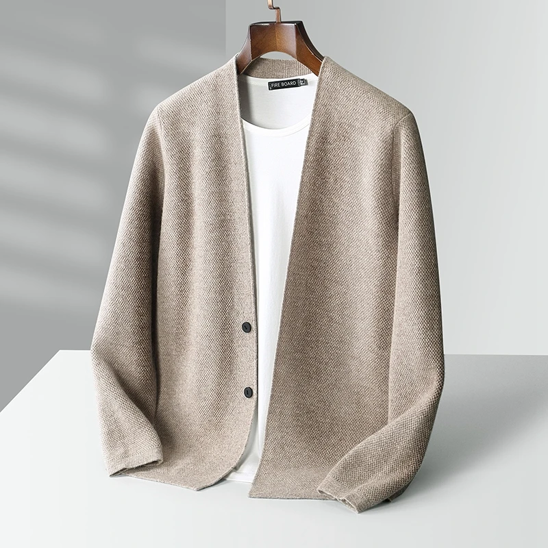 Men's 100% Merino wool cardigan autumn and winter new loose solid color sweater jacket casual business cashmere knitted top