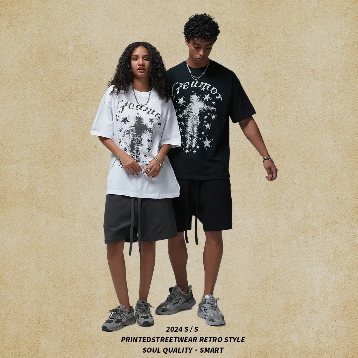 Men's Clothing | 2024 Summer Handless Crew Neck Printed Men's Short Sleeve T-Shirt American Trend Brand Loose Couple T-Shirt