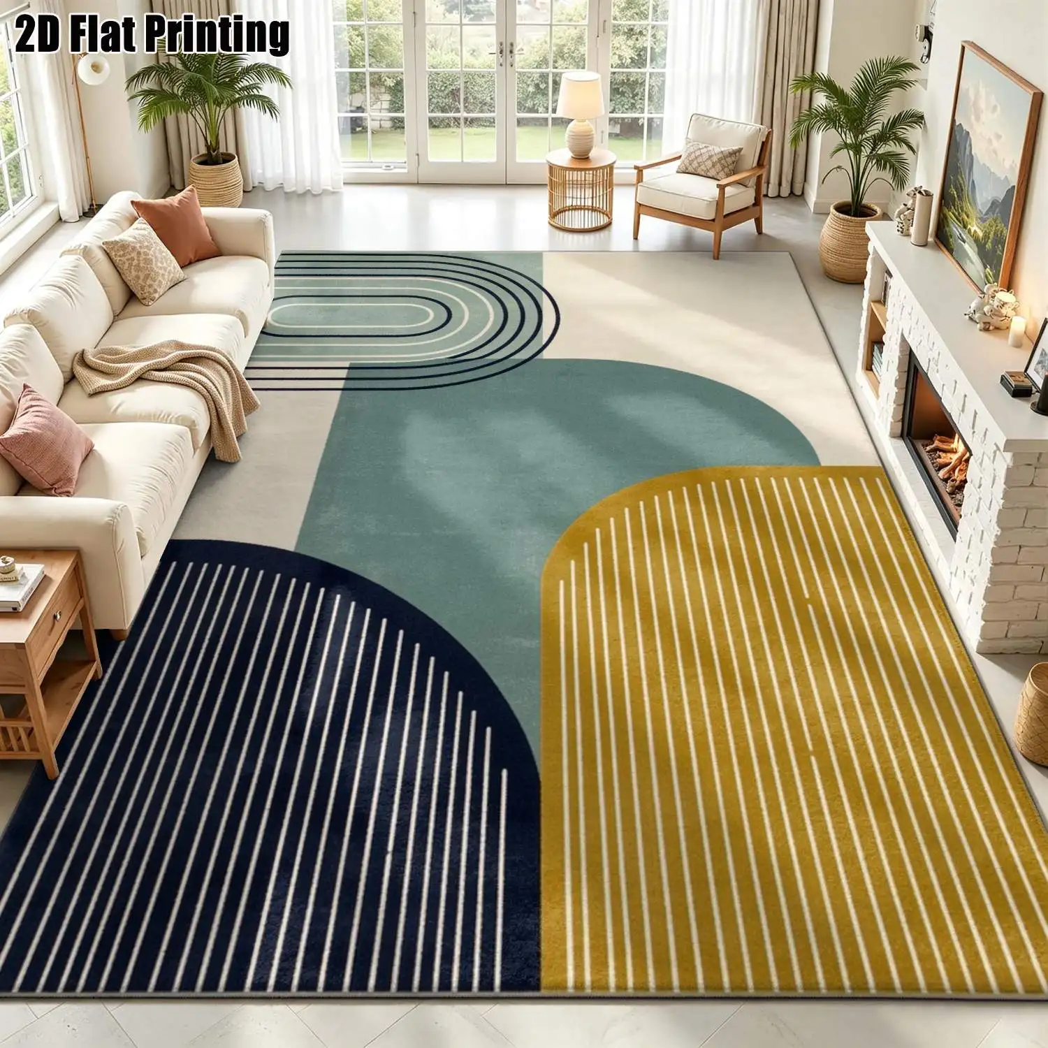 1Pc 2D Printed Carpet: Blue-Green-Yellow Geometric Line Patterns, Nordic/Modern Minimalist/Instagram/European Style, Multi-Size Washable, for Entrance, Dining, Foyer, Bedroom, Living Room Home Decor