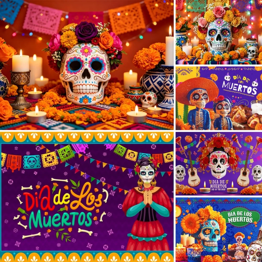 Day Of The Dead Photography Backdrop Mexican Fiesta Día De Los Muertos Festival Party Decor Photo Booth Shooting Props Banner