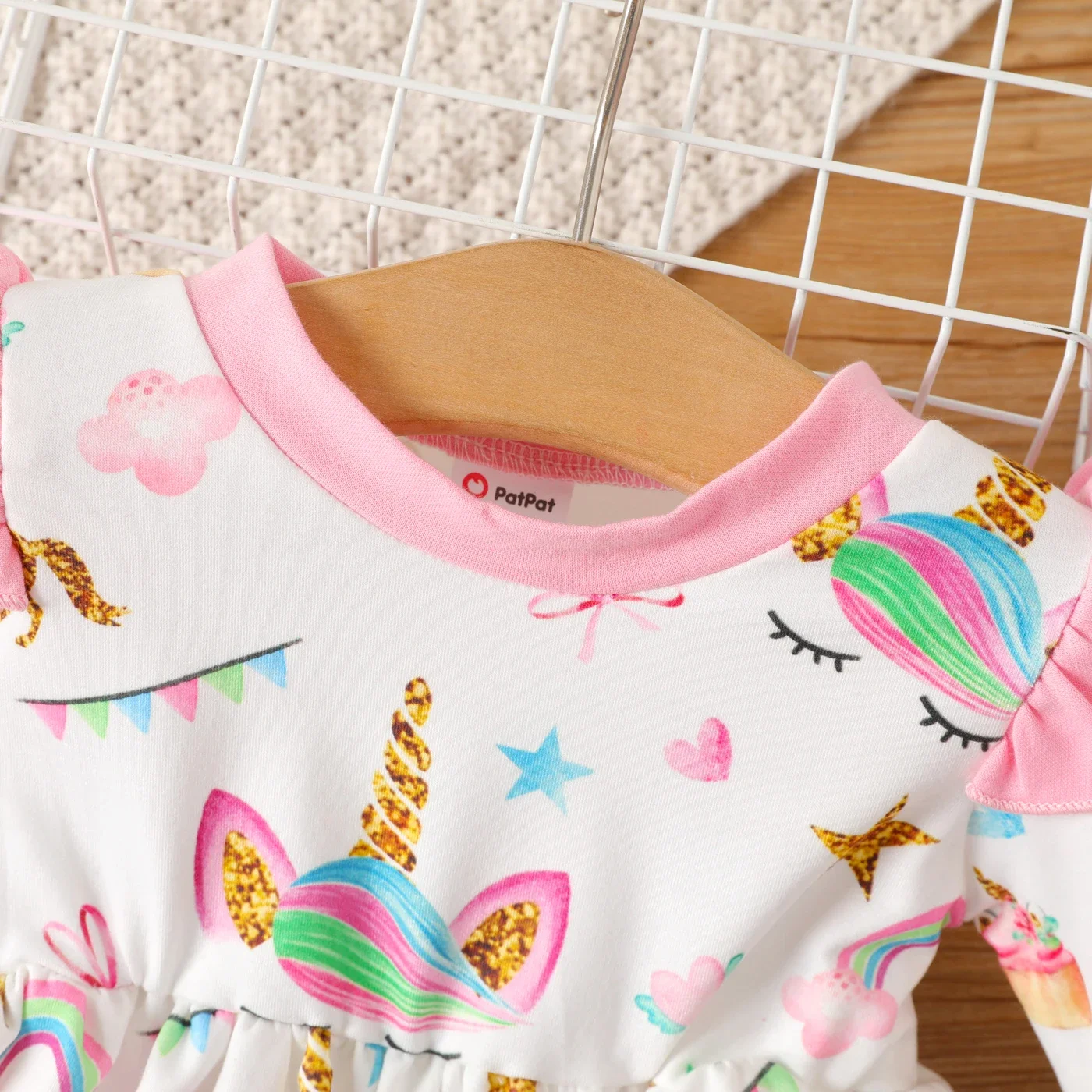 PatPat Baby Girl Sweet Ruffle Edge Animal Unicorn Pattern Long Sleeve Dress Casual/Outdoor Full print Animal pattern