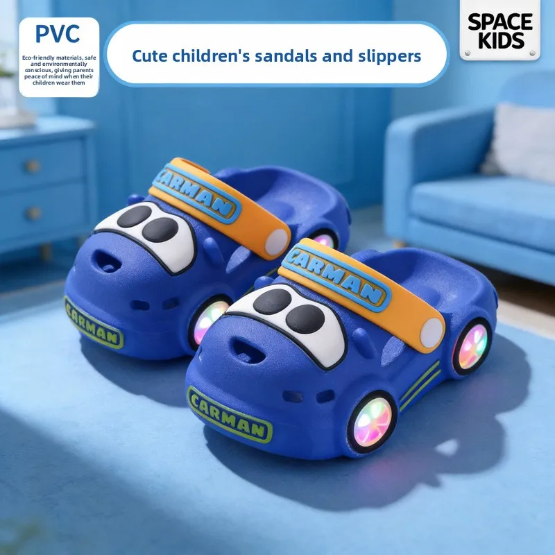 Children's Slippers 2026 Summer New Boys' Car Shaped Wheels Will Light Up Anti Slip Soft Bottom Baby Beach Slippers