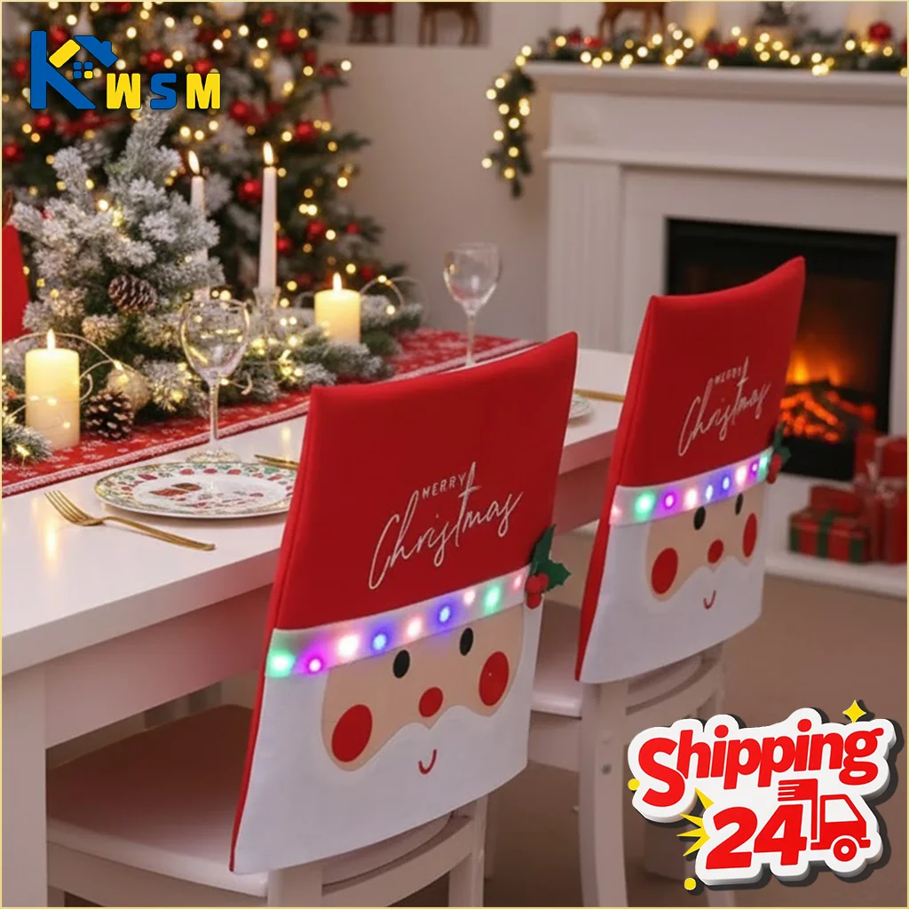 Christmas LED Chair Back Covers Santa Claus Red Dining Chair Slipcovers Holiday Party Supplies Winter Home Decoration