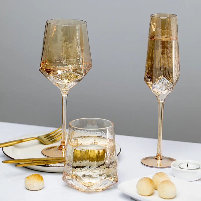 Colored Amber Champagne Goblet Wine Glasses Home Transparent Gold Edge Lead-free Crystal Glass Hammered Diamond Whisky Beer Cup