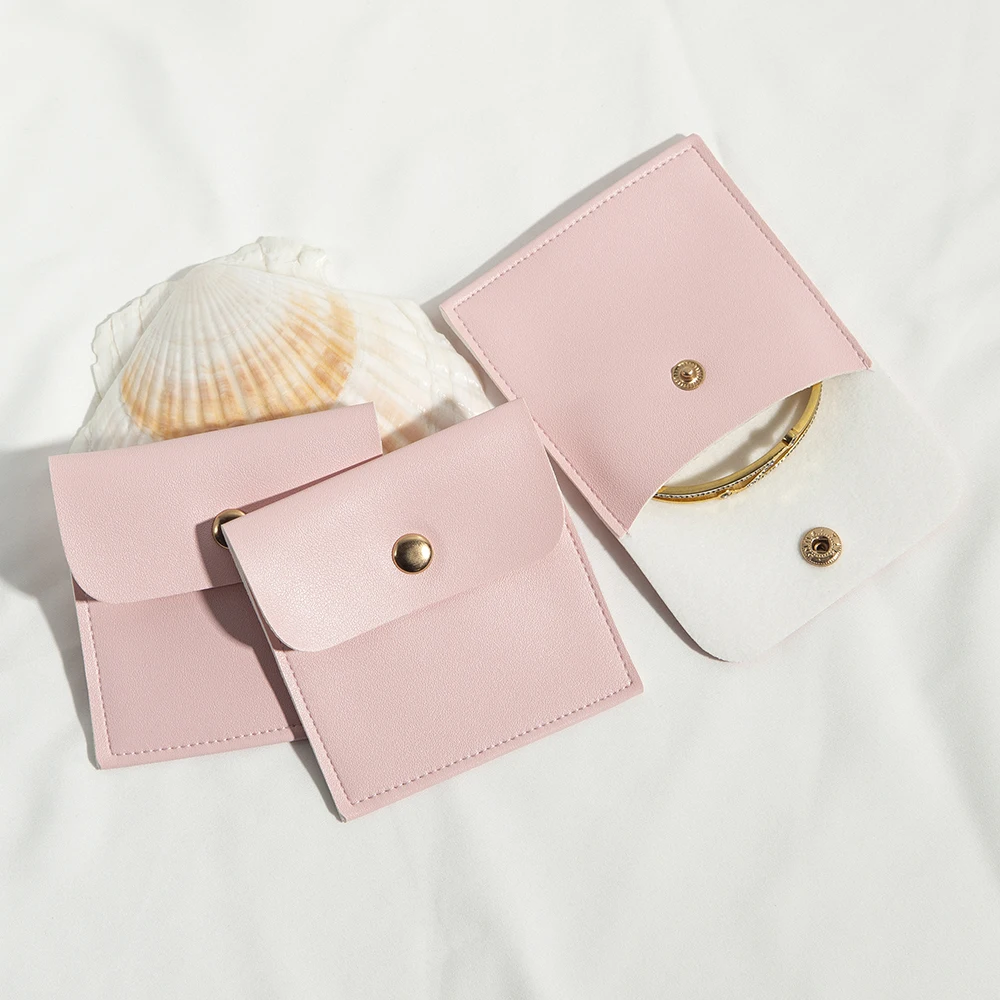 5Pcs/Lot Portable Light Pink PU Leather Dust Gift Pouch With Gold Button Snap Travel Wedding Party Jewelry Accessory Storage Bag