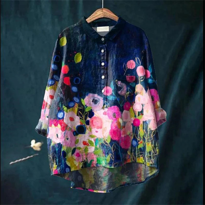 

Summer 2024 Women Flower Pattern Printed Women's Lapel Neck Casual Long Sleeve Shirt Flip collar With Pocket Blouse