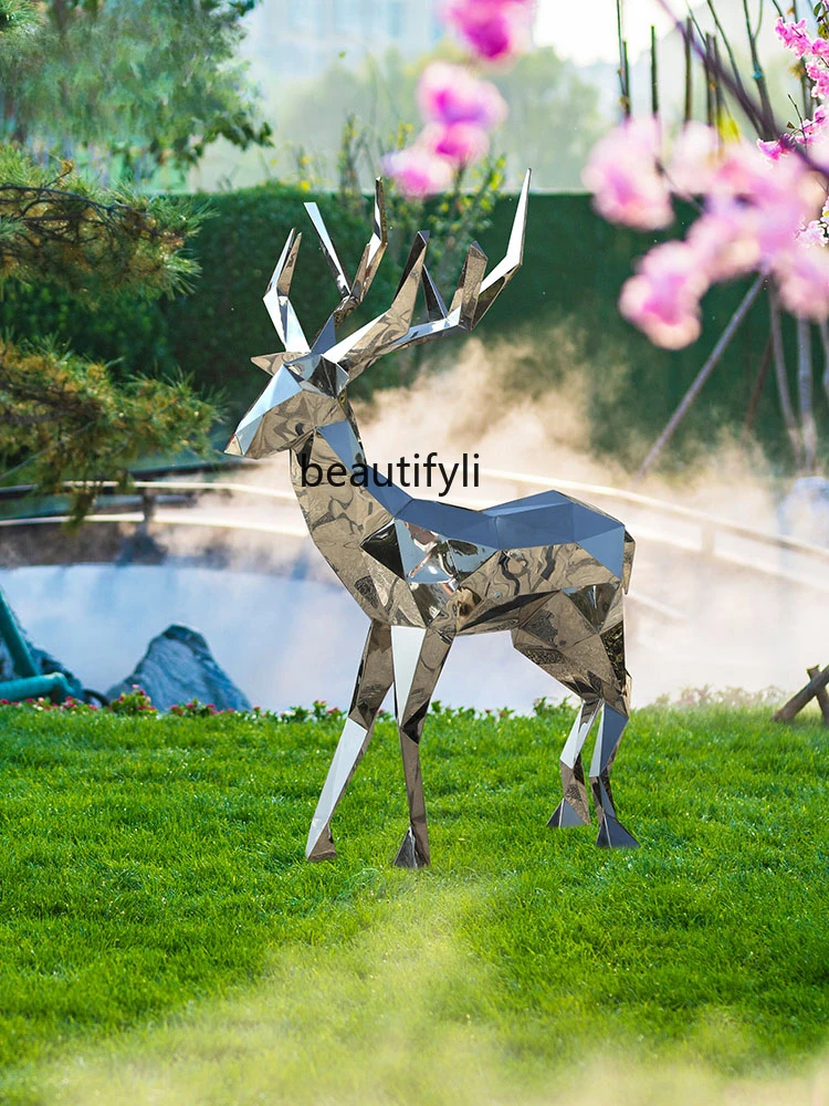 Stainless Steel Geometric Elk Large Outdoor Garden Landscape Sculpture Hotel Animal Floor Ornaments