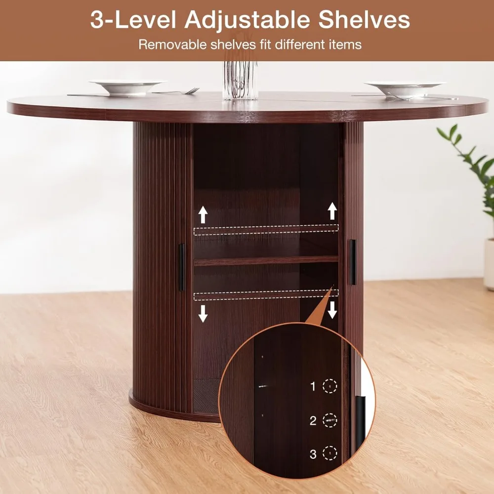 48'' Round Dining Table for 4 Kitchen Dining Table with Storage Dinner Table with 2-Layer Shelf and Wood Slide Door, Practical S