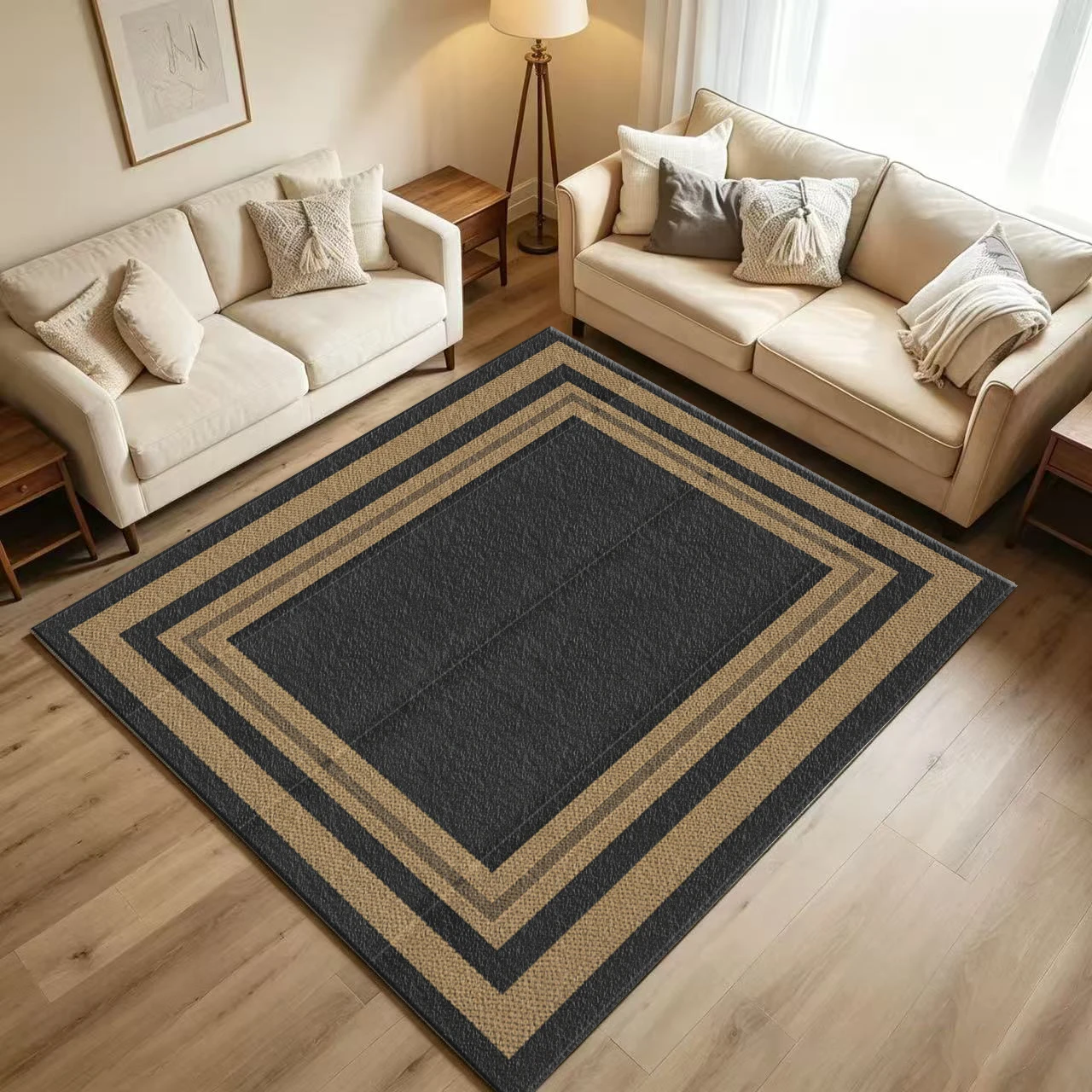 Black and Tan Border Outdoor Carpet, Non-Slip, Washable, Geometric Pattern Rug for Patio Entrance