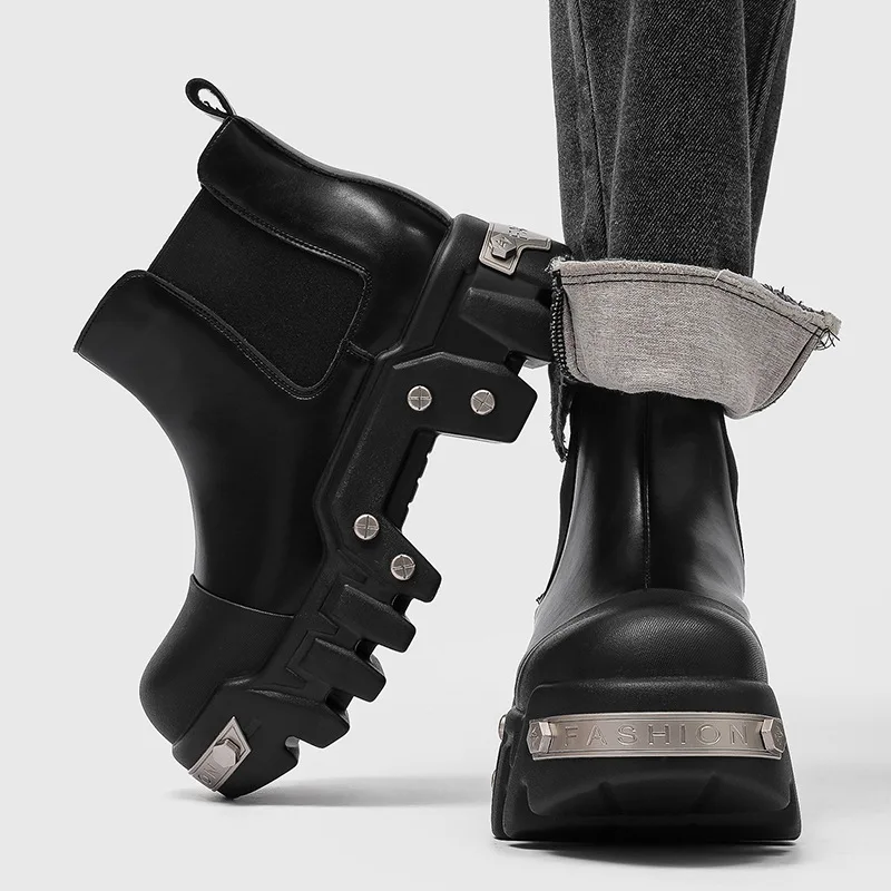 2026 Men's Foot Heightened Platform High-top Shoes Youth New Genuine Leather Chelsea Boots