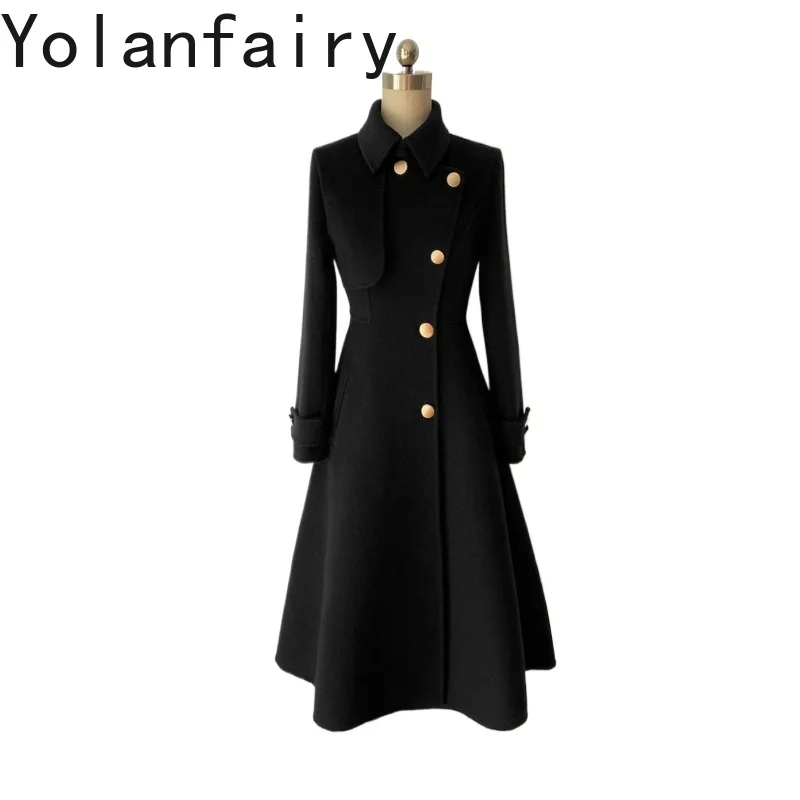 YOLANFAIRY Double-faced Cashmere Coats for Woman Elegant Waisted Wool Coat Women Clothing Mid-length Woolen Coat Winter пальто
