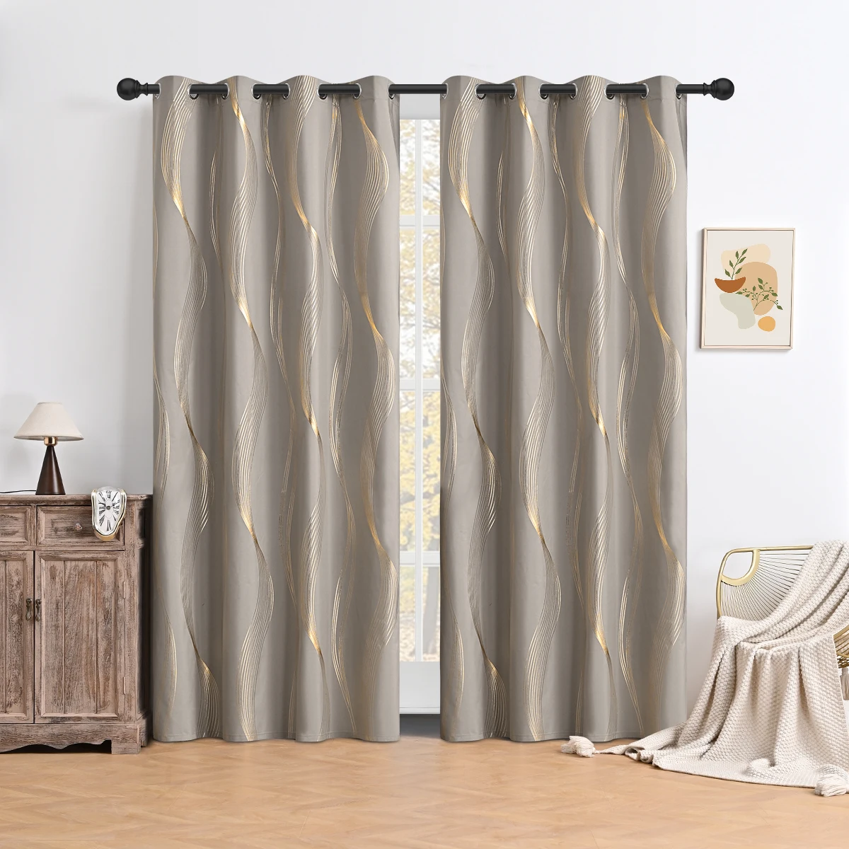 1panel 100% Blackout Hot Stamping Wave Pattern Perforated Curtain, Window Curtains for Living Room, Hotel Bedrooms, Grommet Top