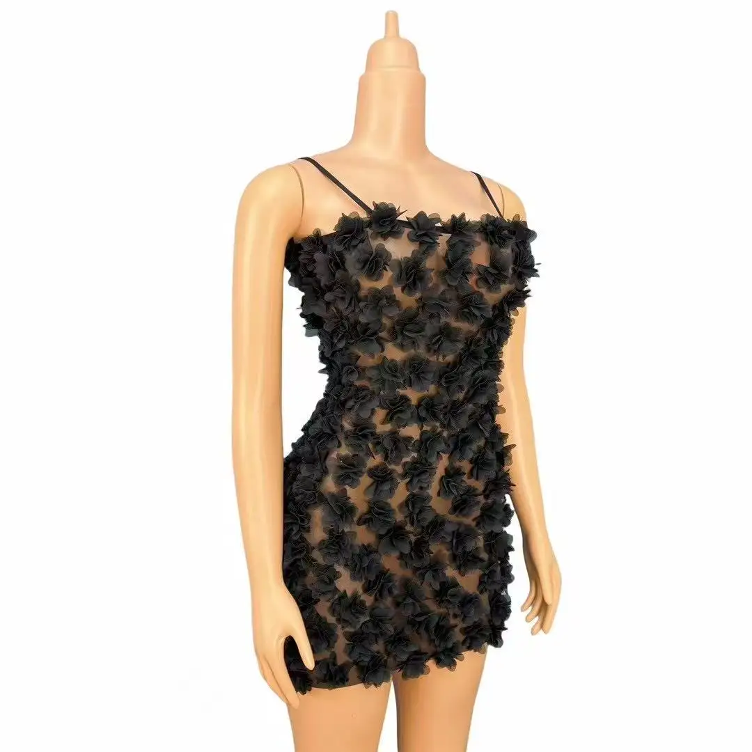 Mini abito sexy da donna con fiori neri, bretelle, sexy, in rete trasparente, per feste, sfilate di moda, abiti da palcoscenico