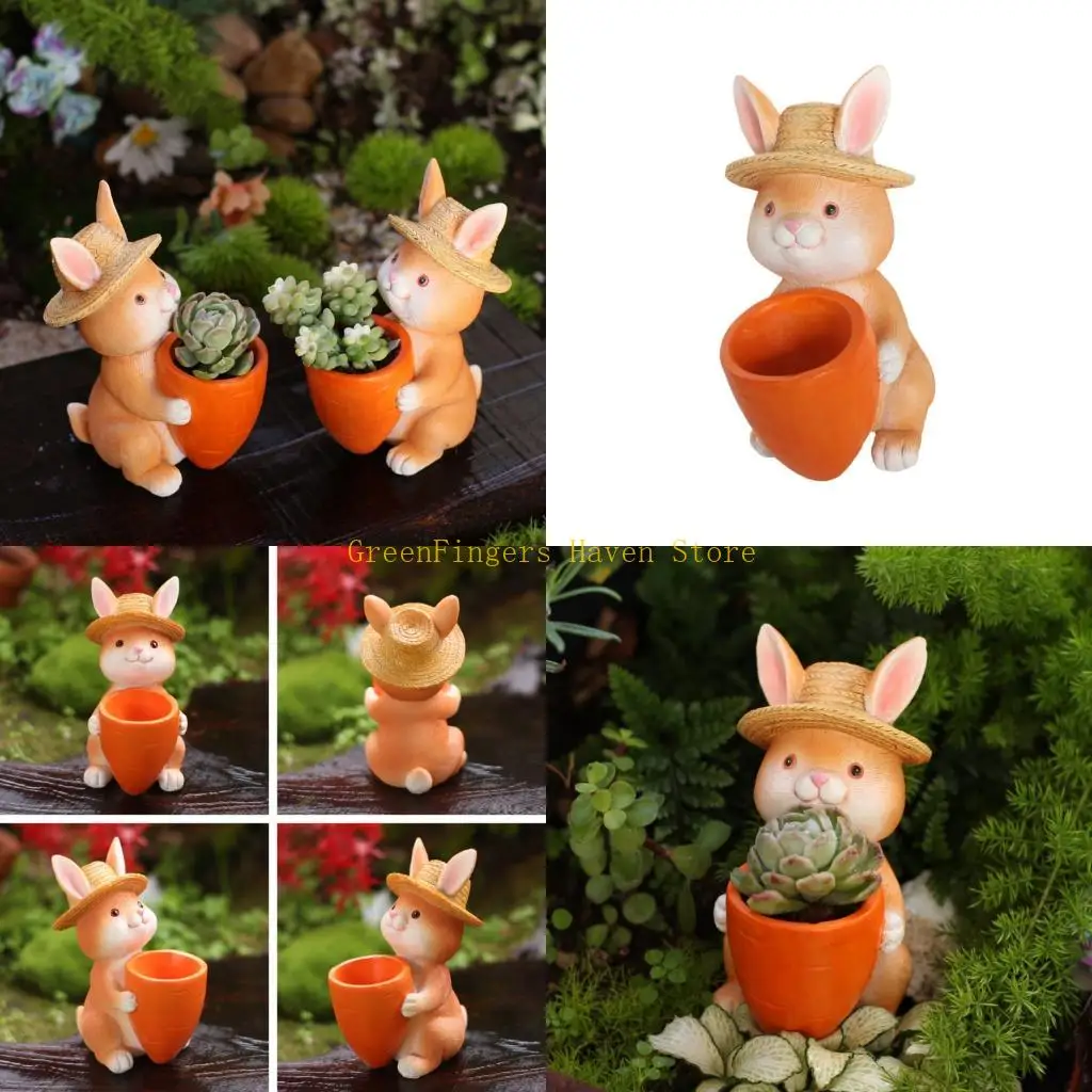 F68D Whimsical Rabbit Sculpture Resin Flower Pot Container For Succulents Lovers