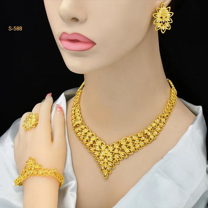 XUHUANG Indian Gold Color Jewelry Set Bridal Wedding Ethiopia Dubai Nigerian Necklace Earrings Bracelet Ring Jewellery Set Gifts