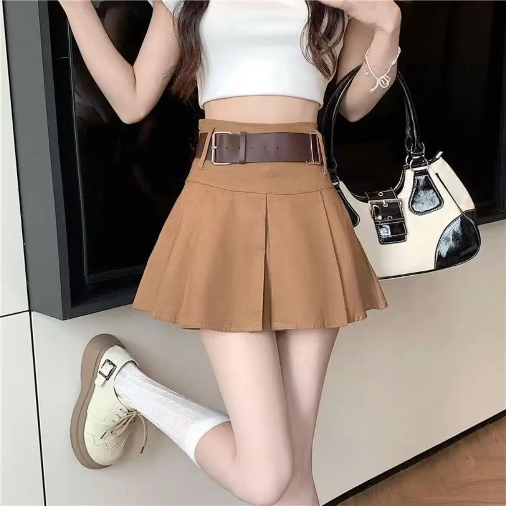 

Fashion with Belt Pleated Skirt A-Line Brown Uniform Skirt Black High Waist Mini Skirts Girls